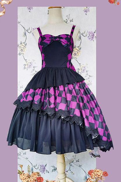 Sweet Lolita Dress - Multi-color Triple-layered Print, 5 Colors, Classic Style, Bow Detail - M Black/Purple / L Black/Purple option