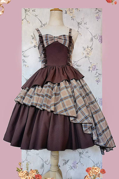Sweet Lolita Dress - Multi-color Triple-layered Print, 5 Colors, Classic Style, Bow Detail - M Brown/Coffee / L Brown/Coffee option