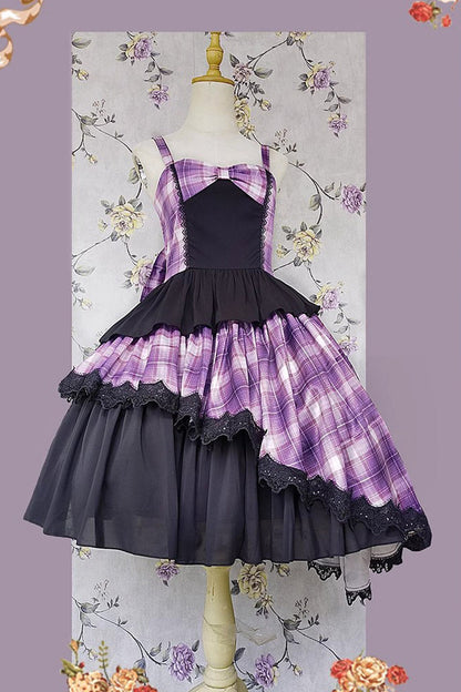 Sweet Lolita Dress - Multi-color Triple-layered Print, 5 Colors, Classic Style, Bow Detail - M Brown/Purple / L Brown/Purple option
