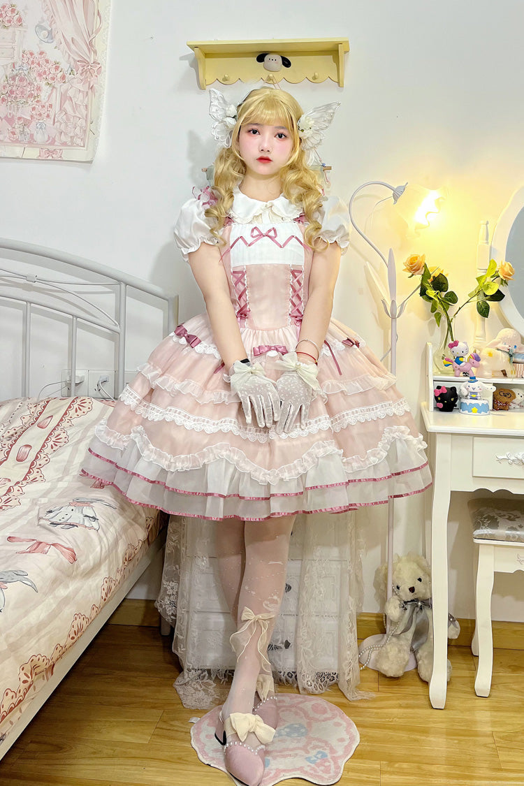Sweet Lolita Dress - Multi-layer, Pink, Lace-Up, Ballet-Inspired Style, Bow Detail - additional product view 4