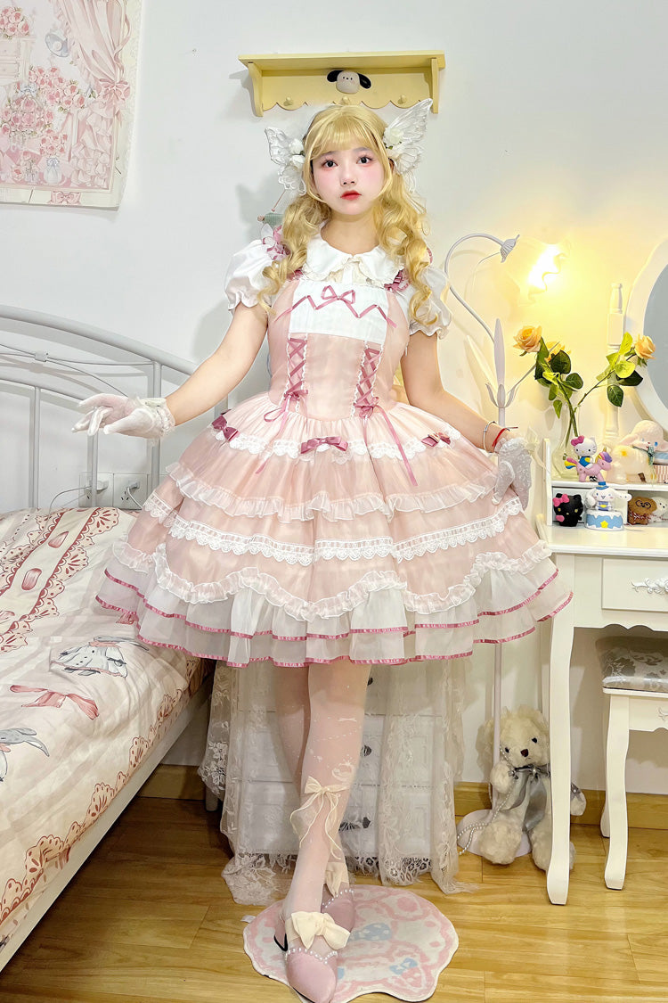 Sweet Lolita Dress - Multi-layer, Pink, Lace-Up, Ballet-Inspired Style, Bow Detail - main product image