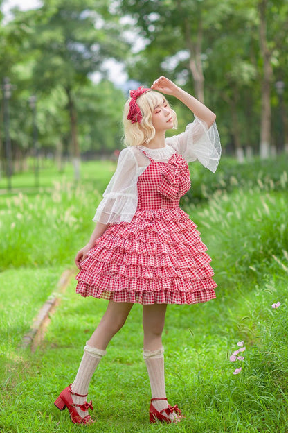 Sweet Lolita Dress - Multi-layer Plaid Print, 3 Colors, Plaid, Bow Detail, Ruffled - additional product view 9