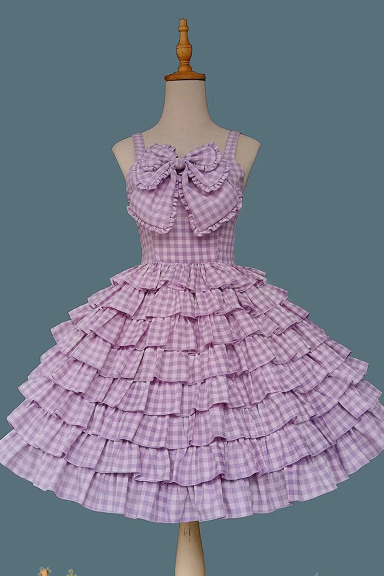 Sweet Lolita Dress - Multi-layer Plaid Print, 3 Colors, Plaid, Bow Detail, Ruffled - S Purple / M Purple / L Purple option