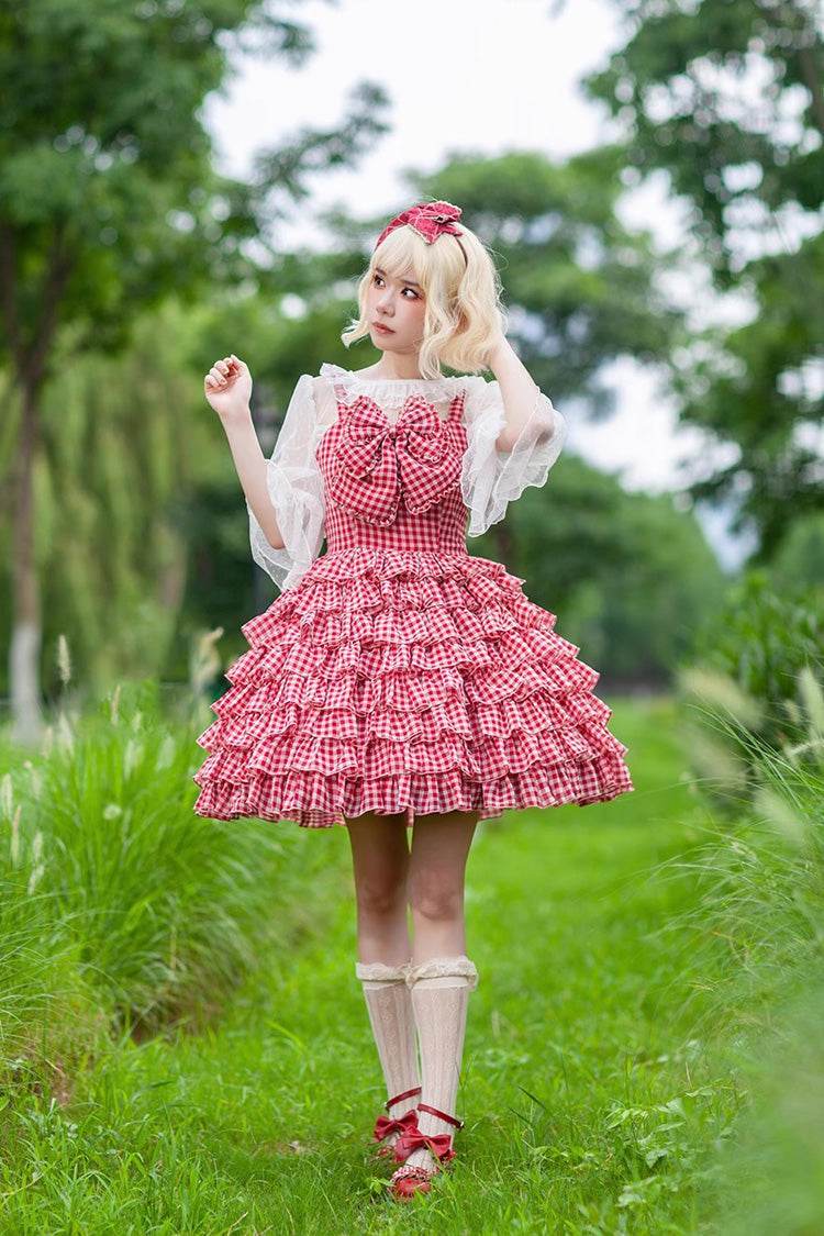 Sweet Lolita Dress - Multi-layer Plaid Print, 3 Colors, Plaid, Bow Detail, Ruffled - S Red / M Red / L Red option