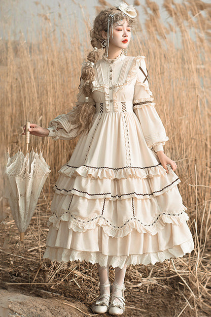 Sweet Lolita Dress - Multi-layer Ruffle Shepherdess, Ivory, Ruffled, Long Sleeves - main product image