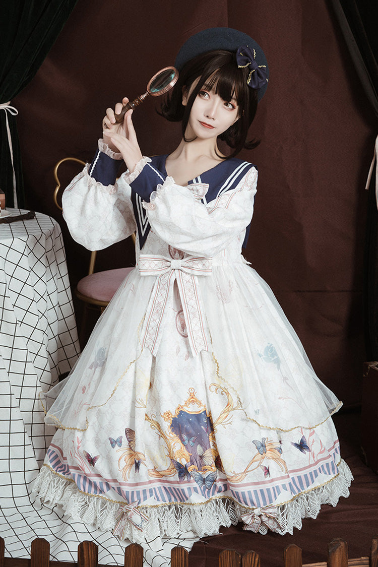 Sweet Lolita Dress - Navy Collar, White, Bow Detail, Ruffled, Printed - additional product view 2