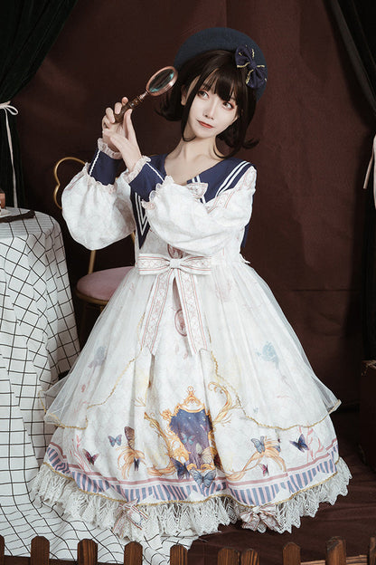 Sweet Lolita Dress - Navy Collar, White, Bow Detail, Ruffled, Printed - additional product view 2