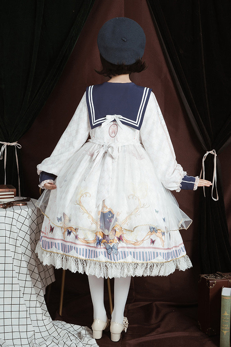 Sweet Lolita Dress - Navy Collar, White, Bow Detail, Ruffled, Printed - additional product view 3
