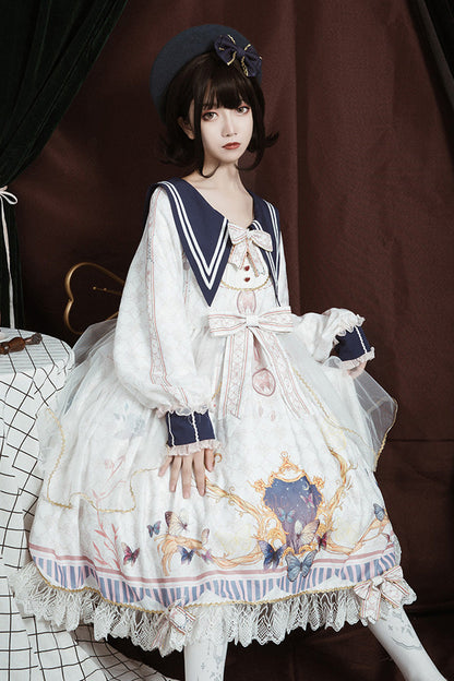 Sweet Lolita Dress - Navy Collar, White, Bow Detail, Ruffled, Printed - additional product view 4