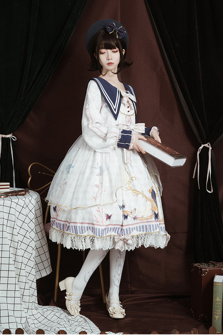 Sweet Lolita Dress - Navy Collar, White, Bow Detail, Ruffled, Printed - additional product view 5