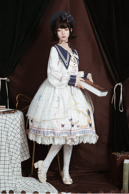 Sweet Lolita Dress - Navy Collar, White, Bow Detail, Ruffled, Printed - additional product view 5
