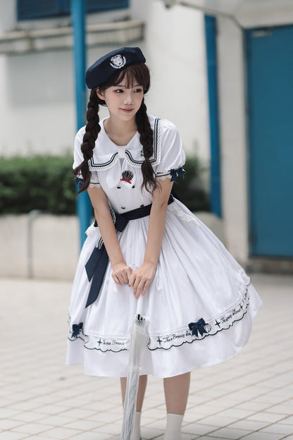 Sweet Lolita Dress - Navy Stripe Print, White, Striped, Embroidered, Ruffled - additional product view 2