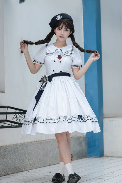 Sweet Lolita Dress - Navy Stripe Print, White, Striped, Embroidered, Ruffled - additional product view 3