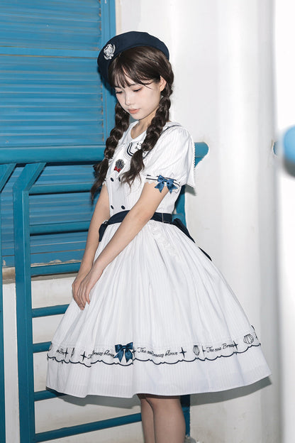 Sweet Lolita Dress - Navy Stripe Print, White, Striped, Embroidered, Ruffled - additional product view 4