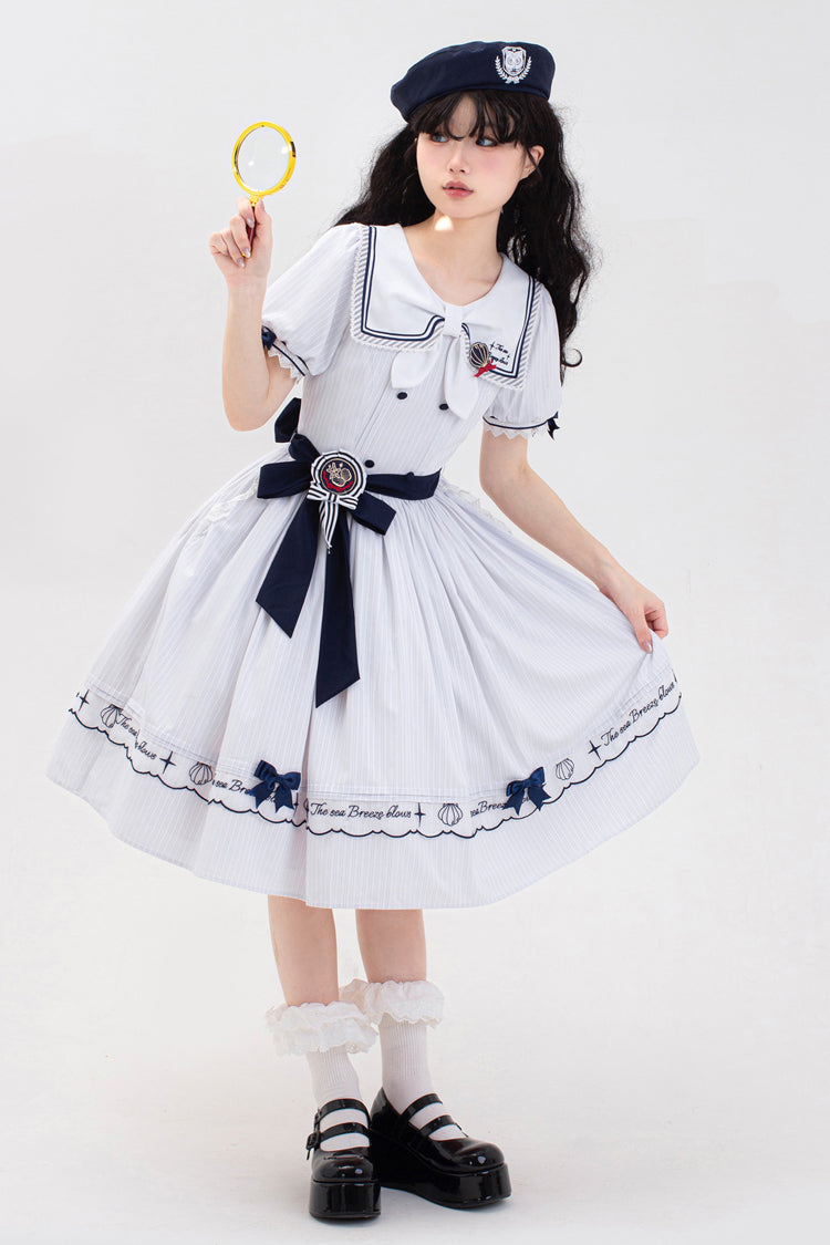 Sweet Lolita Dress - Navy Stripe Print, White, Striped, Embroidered, Ruffled - additional product view 5