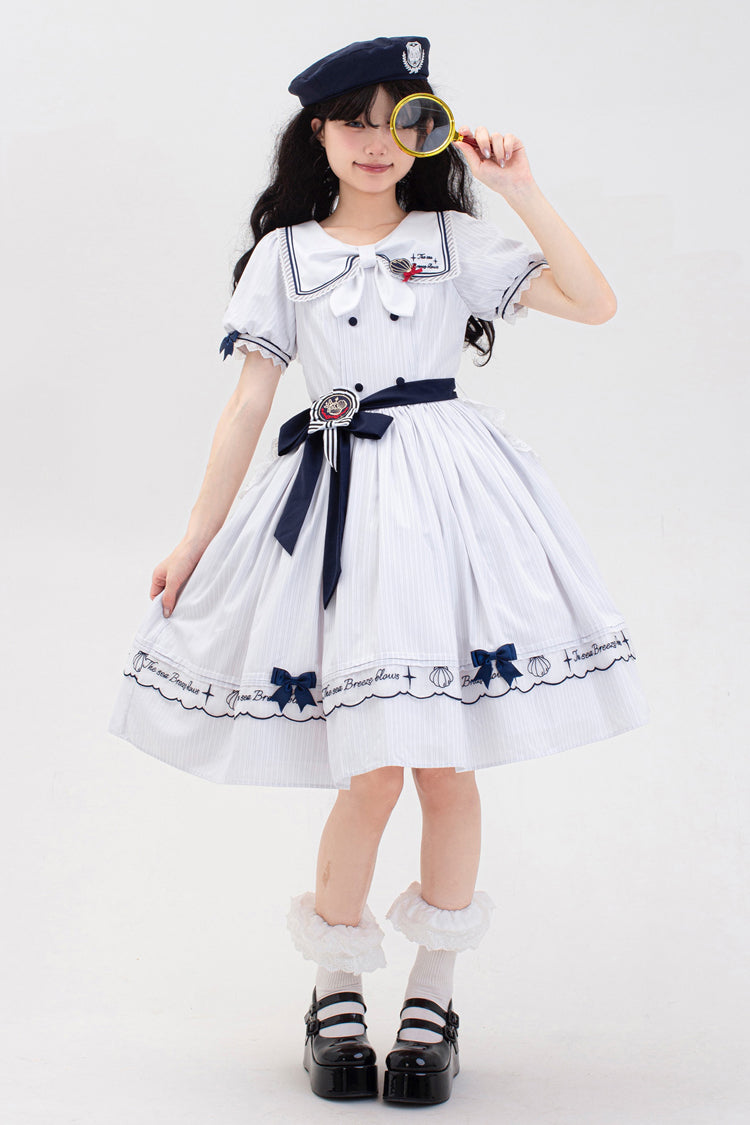 Sweet Lolita Dress - Navy Stripe Print, White, Striped, Embroidered, Ruffled - additional product view 6