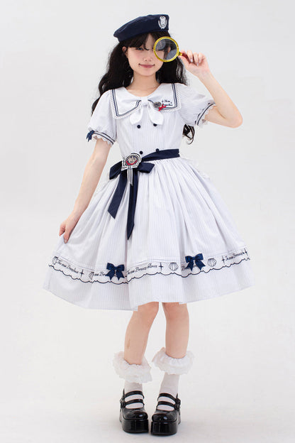 Sweet Lolita Dress - Navy Stripe Print, White, Striped, Embroidered, Ruffled - additional product view 6