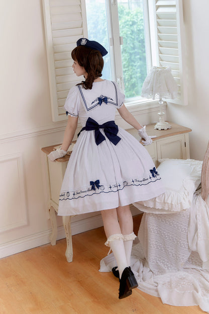 Sweet Lolita Dress - Navy Stripe Print, White, Striped, Embroidered, Ruffled - additional product view 7