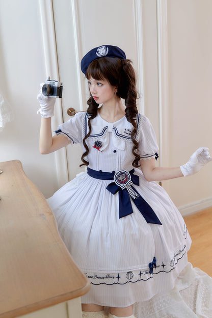 Sweet Lolita Dress - Navy Stripe Print, White, Striped, Embroidered, Ruffled - additional product view 8