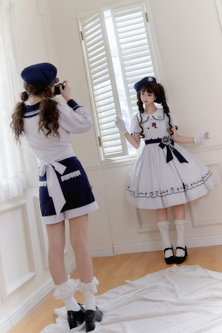 Sweet Lolita Dress - Navy Stripe Print, White, Striped, Embroidered, Ruffled - additional product view 9