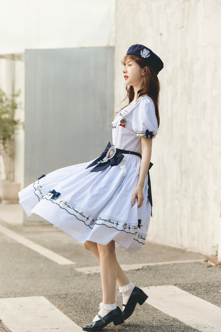 Sweet Lolita Dress - Navy Stripe Print, White, Striped, Embroidered, Ruffled - additional product view 10