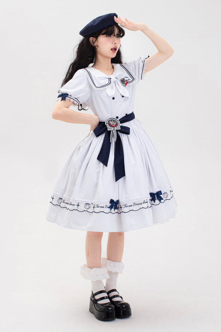 Sweet Lolita Dress - Navy Stripe Print, White, Striped, Embroidered, Ruffled - additional product view 11
