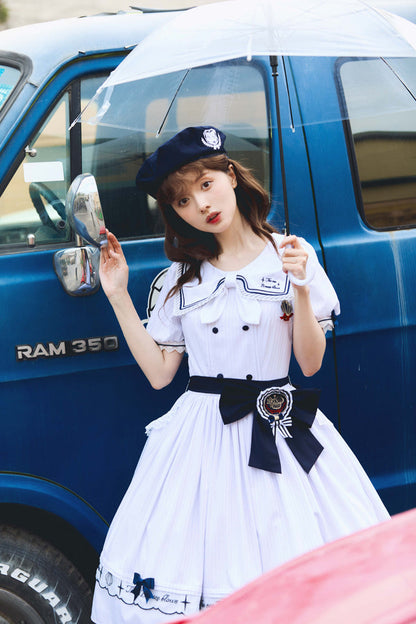 Sweet Lolita Dress - Navy Stripe Print, White, Striped, Embroidered, Ruffled - additional product view 12