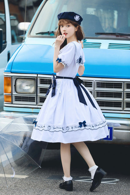 Sweet Lolita Dress - Navy Stripe Print, White, Striped, Embroidered, Ruffled - additional product view 13