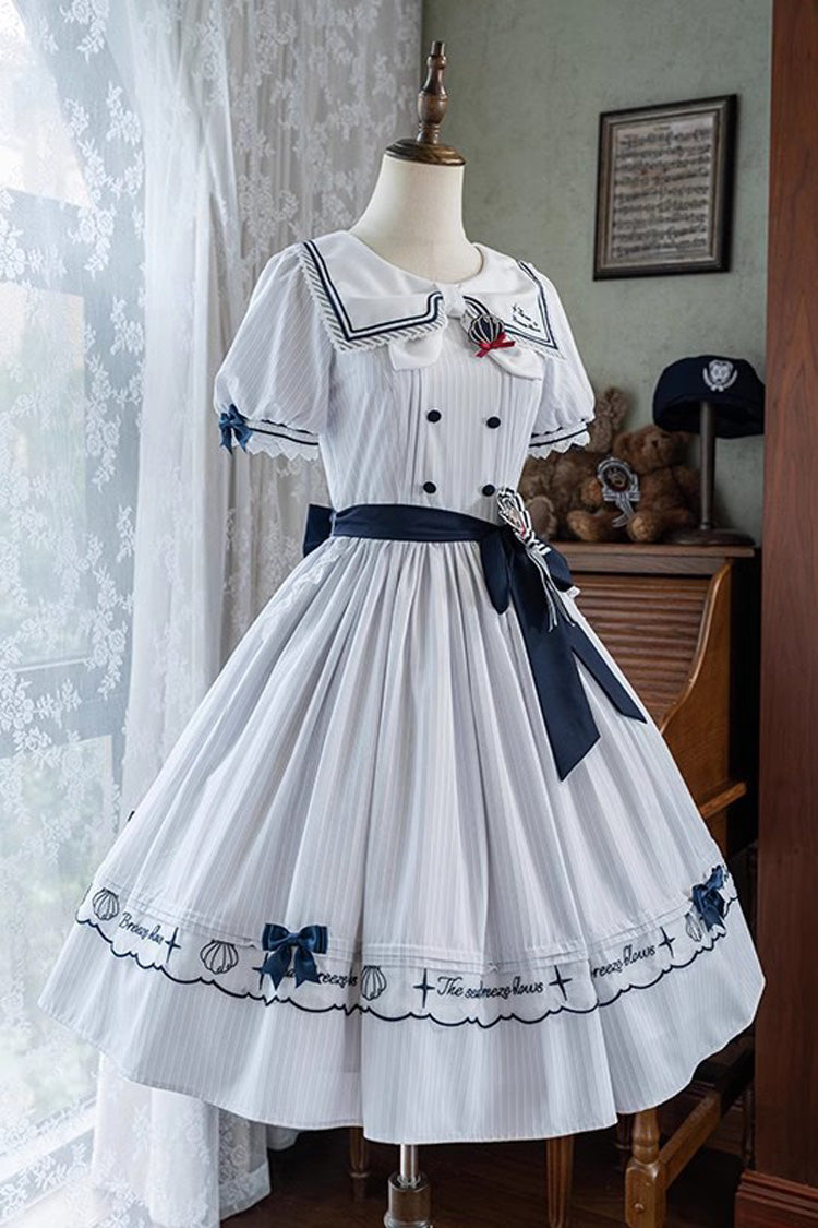 Sweet Lolita Dress - Navy Stripe Print, White, Striped, Embroidered, Ruffled - additional product view 14