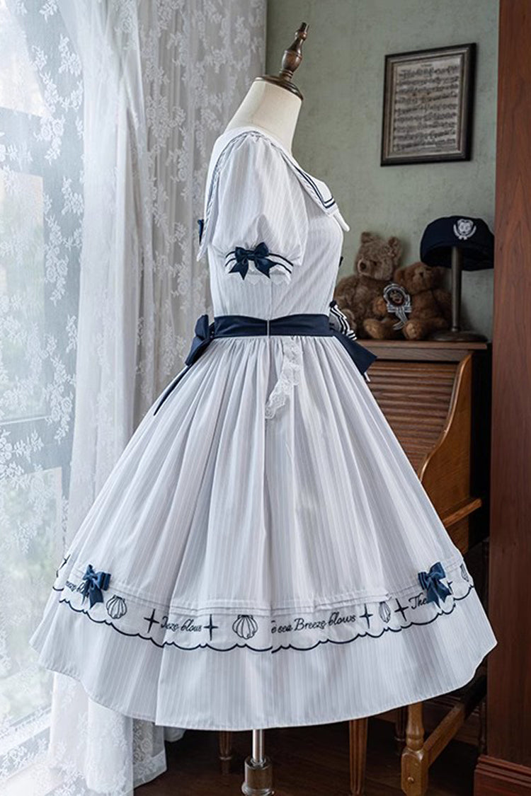 Sweet Lolita Dress - Navy Stripe Print, White, Striped, Embroidered, Ruffled - additional product view 15