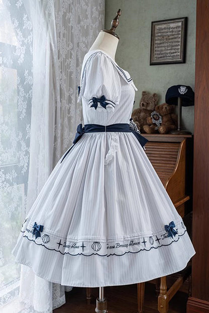 Sweet Lolita Dress - Navy Stripe Print, White, Striped, Embroidered, Ruffled - additional product view 15