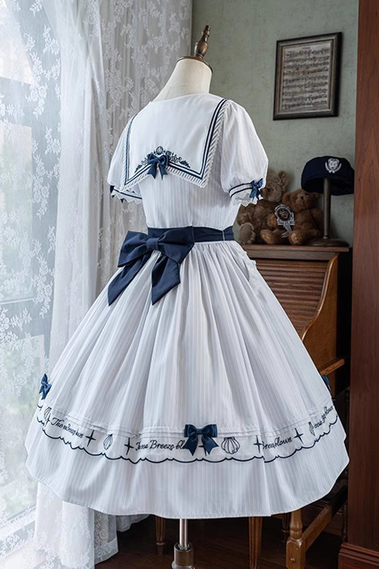 Sweet Lolita Dress - Navy Stripe Print, White, Striped, Embroidered, Ruffled - additional product view 16
