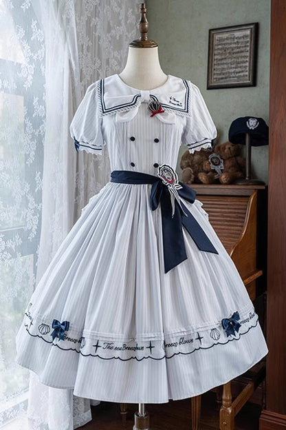Sweet Lolita Dress - Navy Stripe Print, White, Striped, Embroidered, Ruffled - main product image