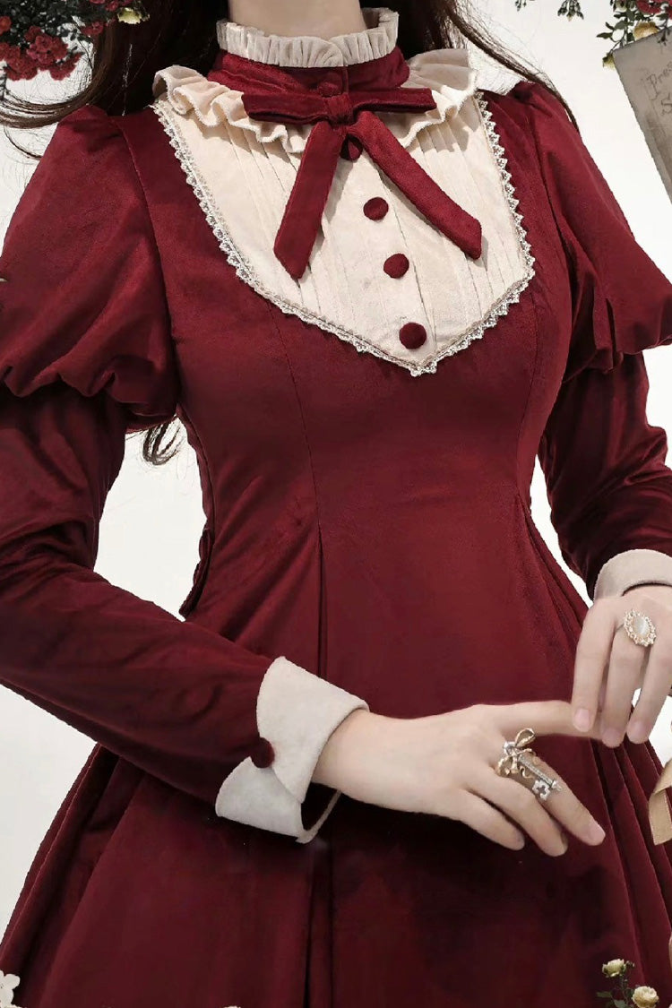 Sweet Lolita Dress - New Year, Red, Stand Collar, Long Sleeves, Classic Style - additional product view 2