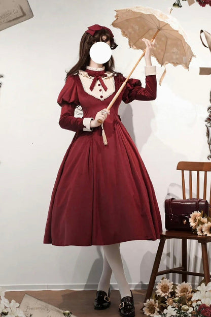 Sweet Lolita Dress - New Year, Red, Stand Collar, Long Sleeves, Classic Style - additional product view 3