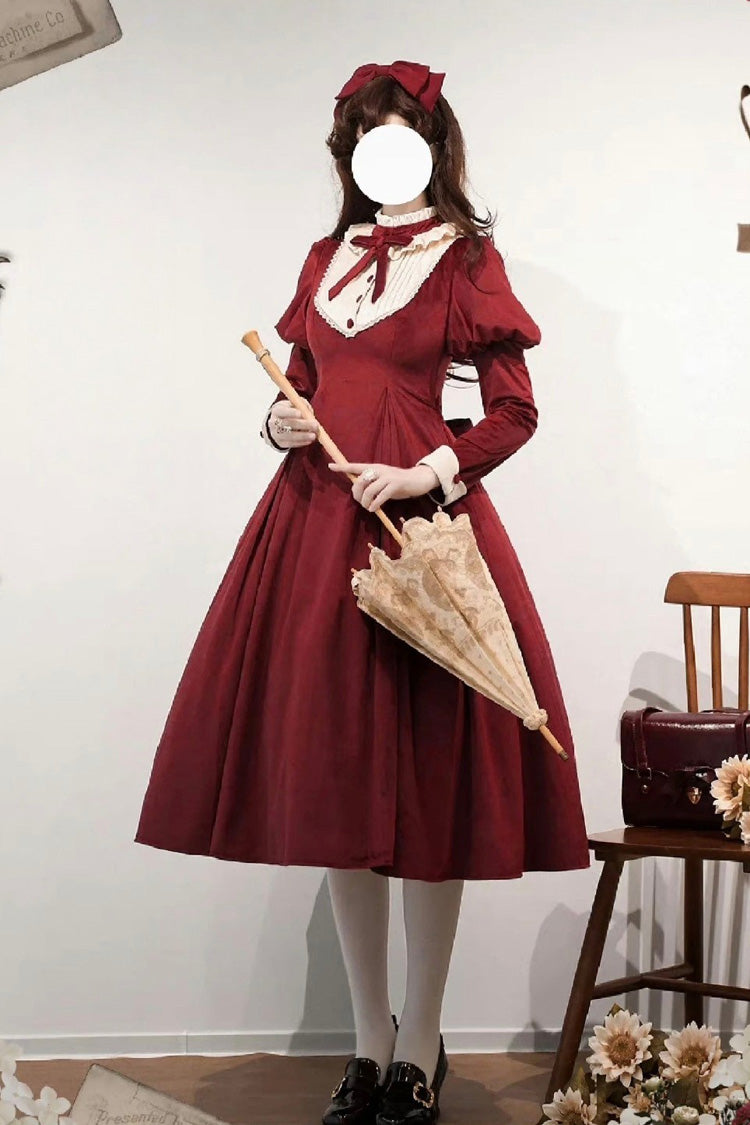 Sweet Lolita Dress - New Year, Red, Stand Collar, Long Sleeves, Classic Style - additional product view 6