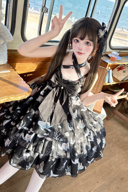 Sweet Lolita Dress - Ocean Sweetheart, 5 Colors, Layered, Halterneck, Bow Detail - additional product view 3