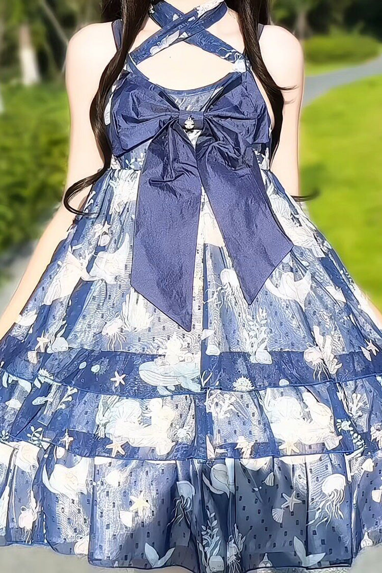 Sweet Lolita Dress - Ocean Sweetheart, 5 Colors, Layered, Halterneck, Bow Detail - S Blue / L Blue option