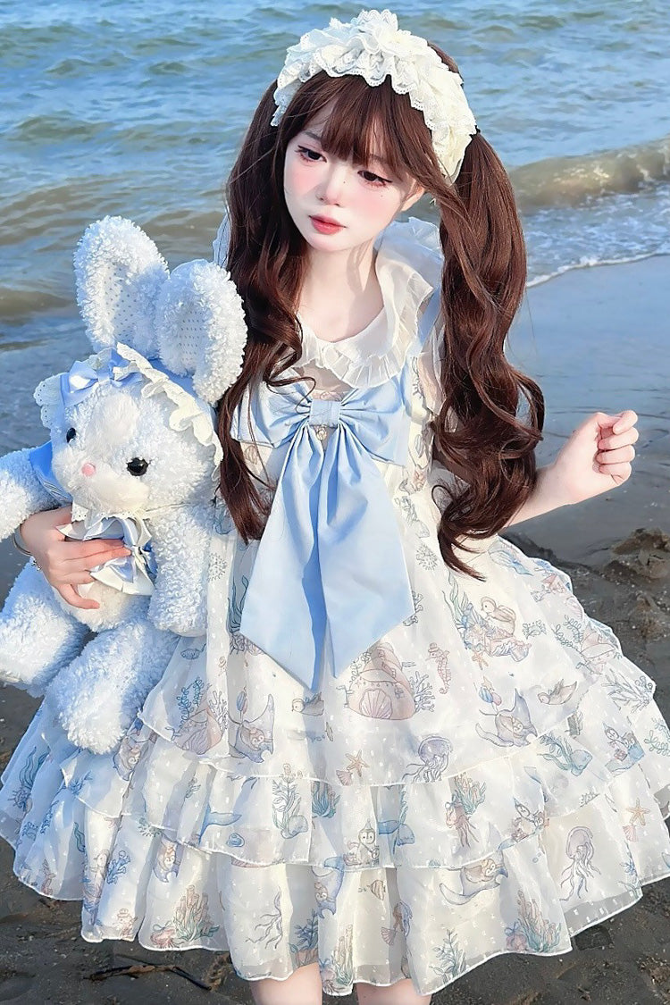 Sweet Lolita Dress - Ocean Sweetheart, 5 Colors, Layered, Halterneck, Bow Detail - S White / L White option