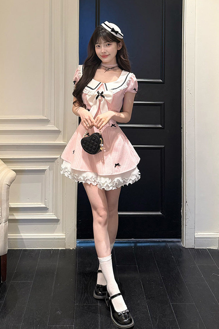 Sweet Lolita Dress - Peach Dream, Pink, Puff Sleeves, Striped, Printed - additional product view 4