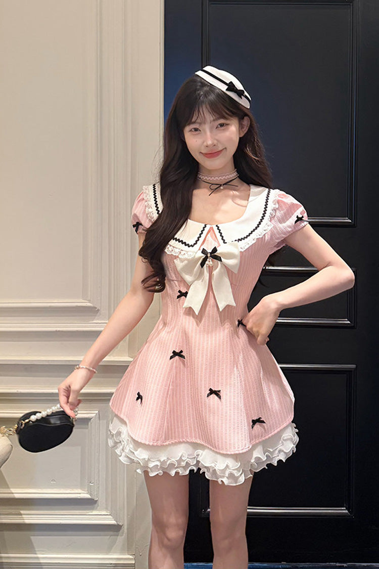 Sweet Lolita Dress - Peach Dream, Pink, Puff Sleeves, Striped, Printed - additional product view 5