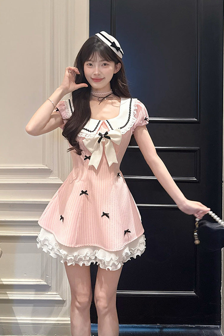Sweet Lolita Dress - Peach Dream, Pink, Puff Sleeves, Striped, Printed - main product image