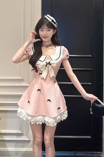 Sweet Lolita Dress - Peach Dream, Pink, Puff Sleeves, Striped, Printed - main product image
