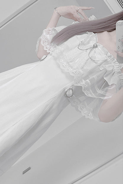 Sweet Lolita Dress - Pear Moon, White, Ruffled, Bow Detail, Lace Trim - additional product view 2