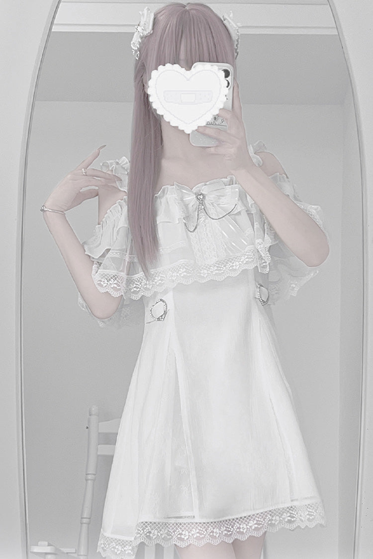 Sweet Lolita Dress - Pear Moon, White, Ruffled, Bow Detail, Lace Trim - additional product view 3