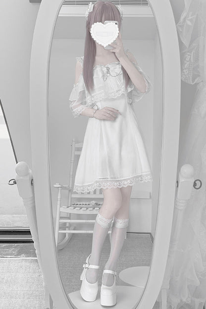 Sweet Lolita Dress - Pear Moon, White, Ruffled, Bow Detail, Lace Trim - additional product view 4