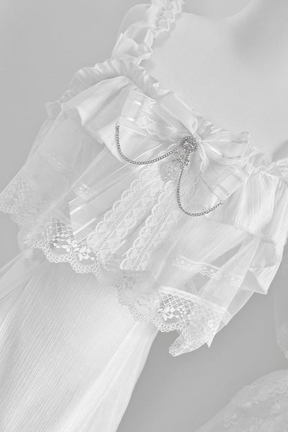 Sweet Lolita Dress - Pear Moon, White, Ruffled, Bow Detail, Lace Trim - additional product view 5