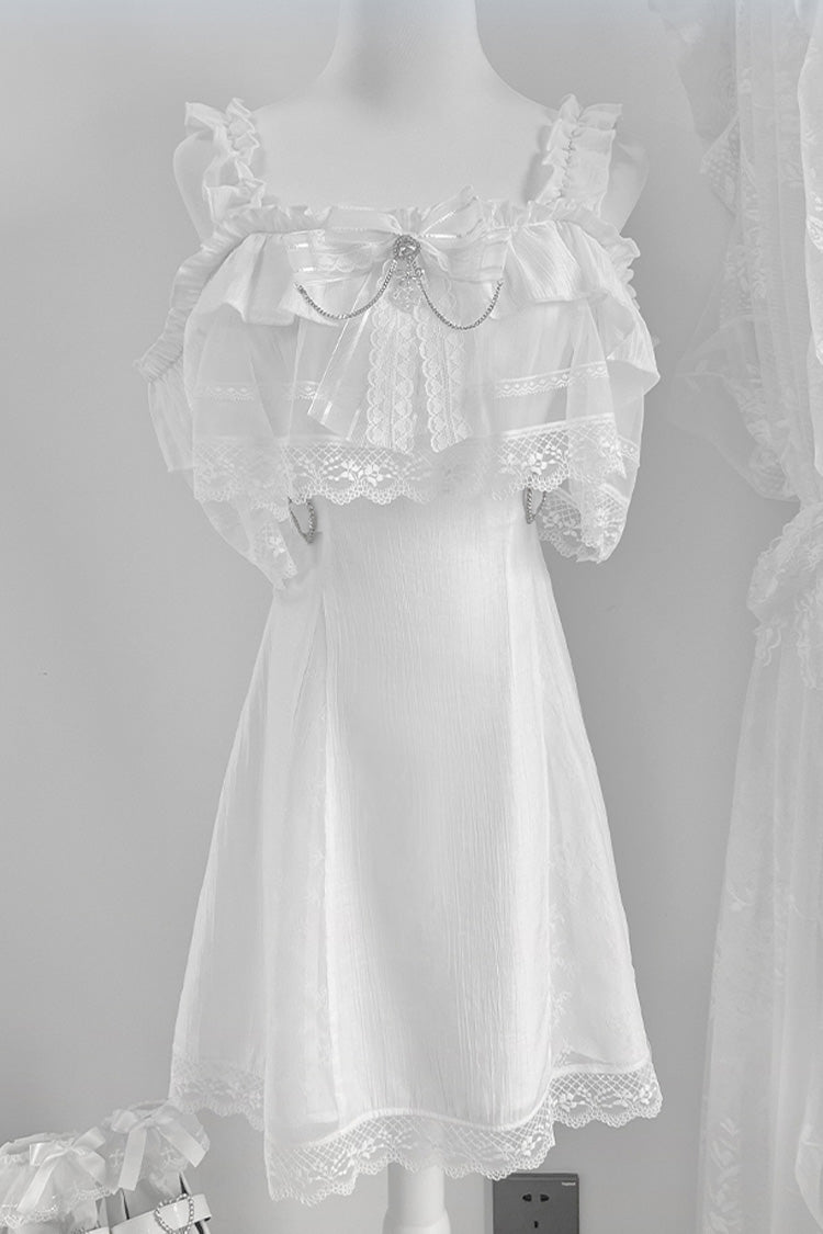 Sweet Lolita Dress - Pear Moon, White, Ruffled, Bow Detail, Lace Trim - main product image