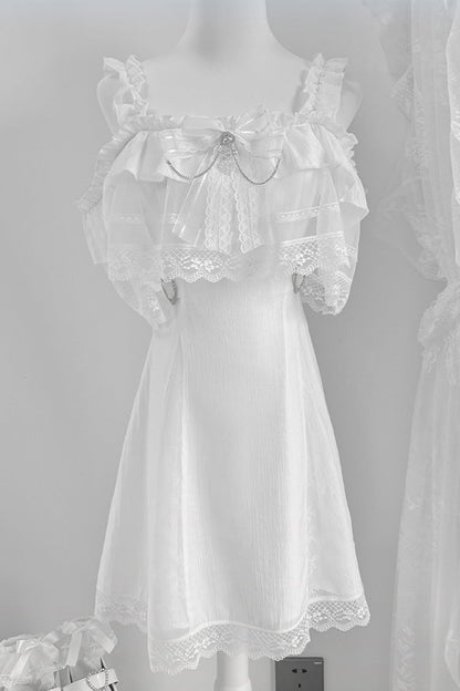 Sweet Lolita Dress - Pear Moon, White, Ruffled, Bow Detail, Lace Trim - main product image