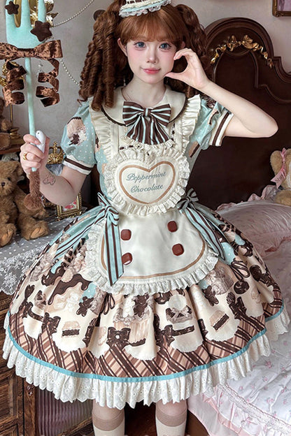 Sweet Lolita Dress - Peppermint Chocolate, Brown, Bow Detail, Lace Trim, Ruffled - additional product view 7